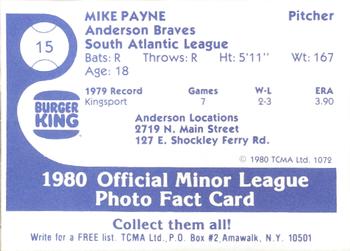 1980 TCMA Anderson Braves #15 Mike Payne Back