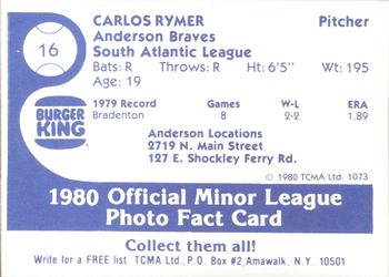 1980 TCMA Anderson Braves #16 Carlos Rymer Back