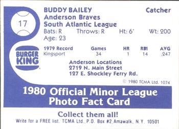 1980 TCMA Anderson Braves #17 Buddy Bailey Back