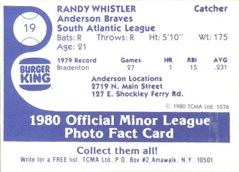 1980 TCMA Anderson Braves #19 Randy Whistler Back