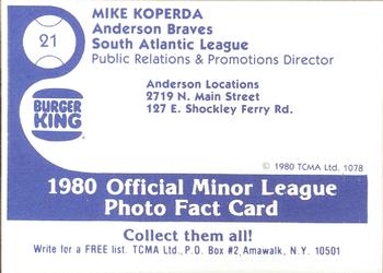 1980 TCMA Anderson Braves #21 Mike Koperda Back