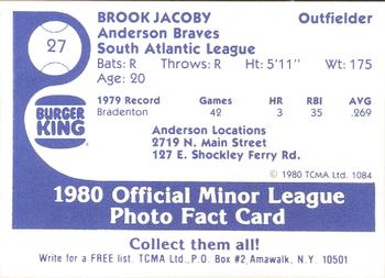 1980 TCMA Anderson Braves #27 Brook Jacoby Back