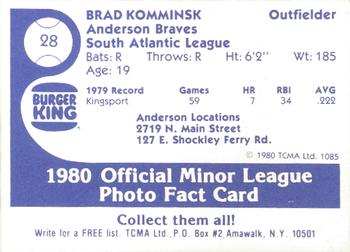 1980 TCMA Anderson Braves #28 Brad Komminsk Back