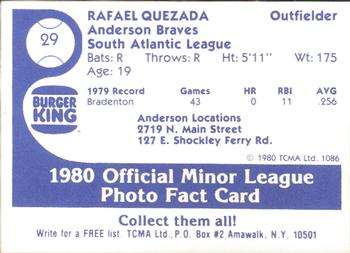 1980 TCMA Anderson Braves #29 Rafael Quezada Back