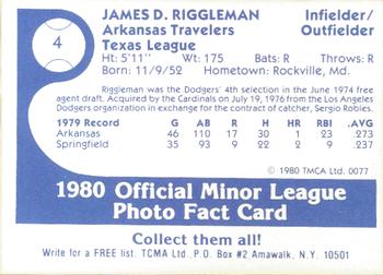 1980 TCMA Arkansas Travelers #4 James Riggleman Back