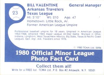 1980 TCMA Arkansas Travelers #23 Bill Valentine Back