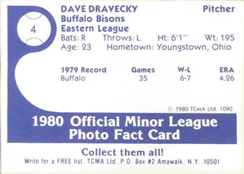 1980 TCMA Buffalo Bisons #4 Dave Dravecky Back