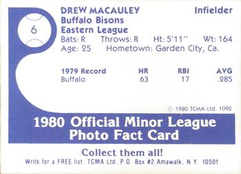 1980 TCMA Buffalo Bisons #6 Drew Macauley Back