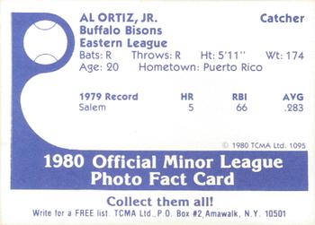 1980 TCMA Buffalo Bisons #9 Al Ortiz Jr. Back
