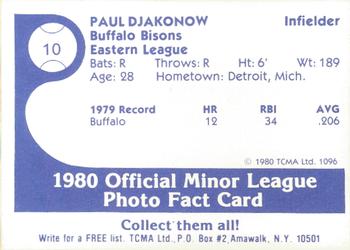 1980 TCMA Buffalo Bisons #10 Paul Djakonow Back