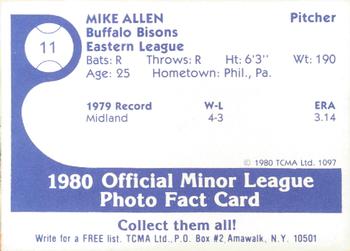 1980 TCMA Buffalo Bisons #11 Mike Allen Back