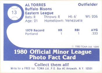 1980 TCMA Buffalo Bisons #13 Al Torres Back