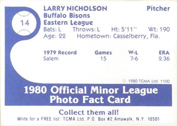 1980 TCMA Buffalo Bisons #14 Larry Nicholson Back