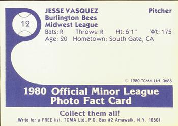 1980 TCMA Burlington Bees #12 Jesse Vasquez Back