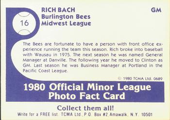 1980 TCMA Burlington Bees #16 Rich Bach Back