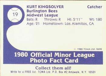1980 TCMA Burlington Bees #19 Kurt Kingsolver Back