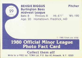 1980 TCMA Burlington Bees #29 Bengie Biggus Back
