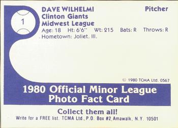 1980 TCMA Clinton Giants #1 Dave Wilhelmi Back