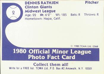 1980 TCMA Clinton Giants #2 Dennis Rathjen Back