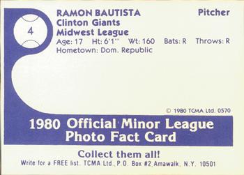 1980 TCMA Clinton Giants #4 Ramon Bautista Back