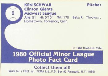 1980 TCMA Clinton Giants #8 Ken Schwab Back