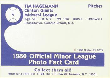1980 TCMA Clinton Giants #9 Tim Hagemann Back