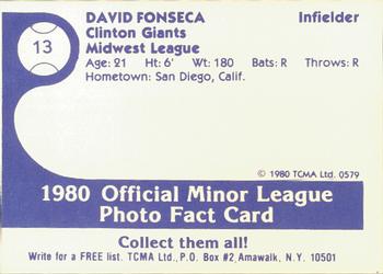 1980 TCMA Clinton Giants #13 David Fonseca Back
