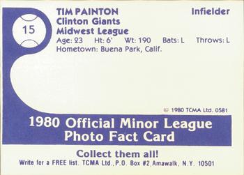 1980 TCMA Clinton Giants #15 Tim Painton Back