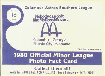 1980 TCMA Columbus Astros #16 Ricardo Aponte Back