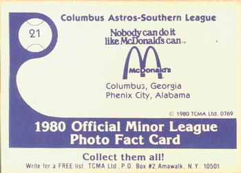 1980 TCMA Columbus Astros #21 Mark Miggins Back