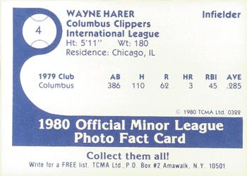 1980 TCMA Columbus Clippers #4 Wayne Harer Back