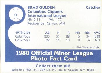 1980 TCMA Columbus Clippers #6 Brad Gulden Back