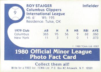 1980 TCMA Columbus Clippers #9 Roy Staiger Back