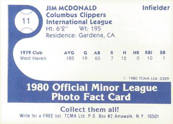 1980 TCMA Columbus Clippers #11 Jim McDonald Back