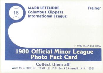 1980 TCMA Columbus Clippers #18 Mark Letendre Back