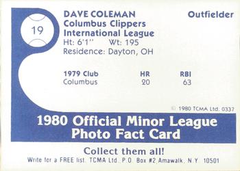 1980 TCMA Columbus Clippers #19 Dave Coleman Back