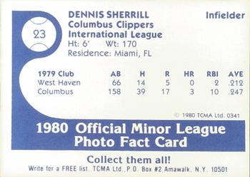 1980 TCMA Columbus Clippers #23 Dennis Sherrill Back