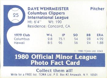 1980 TCMA Columbus Clippers #25 Dave Wehrmeister Back