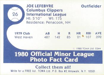 1980 TCMA Columbus Clippers #26 Joe Lefebvre Back