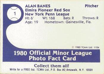 1980 TCMA Elmira Pioneer Red Sox #1 Alan Banes Back