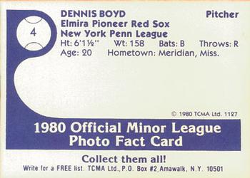 1980 TCMA Elmira Pioneer Red Sox #4 Dennis Boyd Back