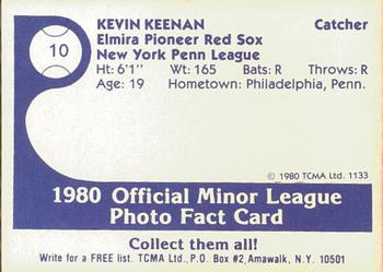 1980 TCMA Elmira Pioneer Red Sox #10 Kevin Keenan Back
