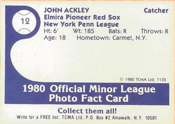 1980 TCMA Elmira Pioneer Red Sox #12 John Ackley Back