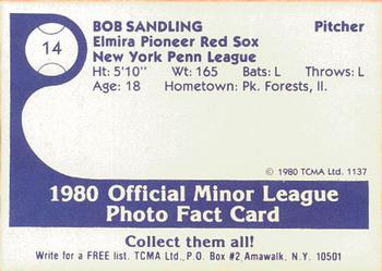 1980 TCMA Elmira Pioneer Red Sox #14 Bob Sandling Back
