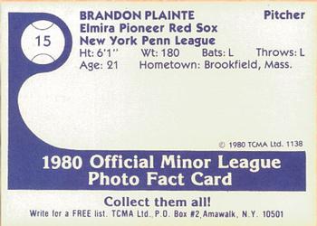 1980 TCMA Elmira Pioneer Red Sox #15 Brandon Plainte Back