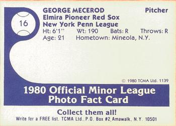 1980 TCMA Elmira Pioneer Red Sox #16 George Mecerod Back