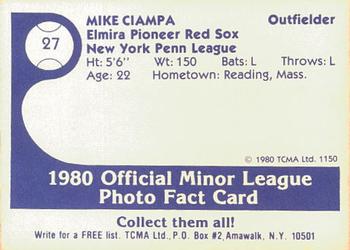 1980 TCMA Elmira Pioneer Red Sox #27 Mike Ciampa Back