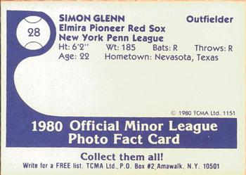 1980 TCMA Elmira Pioneer Red Sox #28 Simon Glenn Back