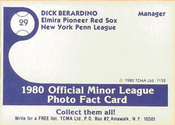 1980 TCMA Elmira Pioneer Red Sox #29 Dick Berardino Back