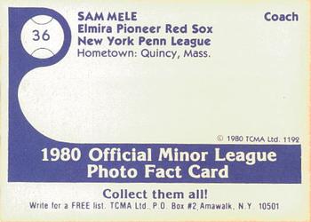 1980 TCMA Elmira Pioneer Red Sox #36 Sam Mele Back
